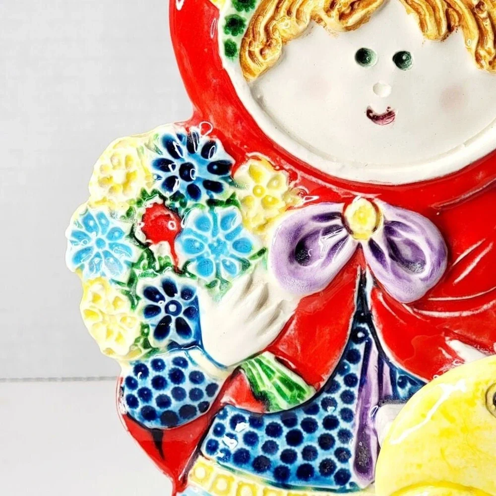Vintage MD Girl in Red Cape Ceramic Toothbrush Holder Mushrooms Flowers Italy